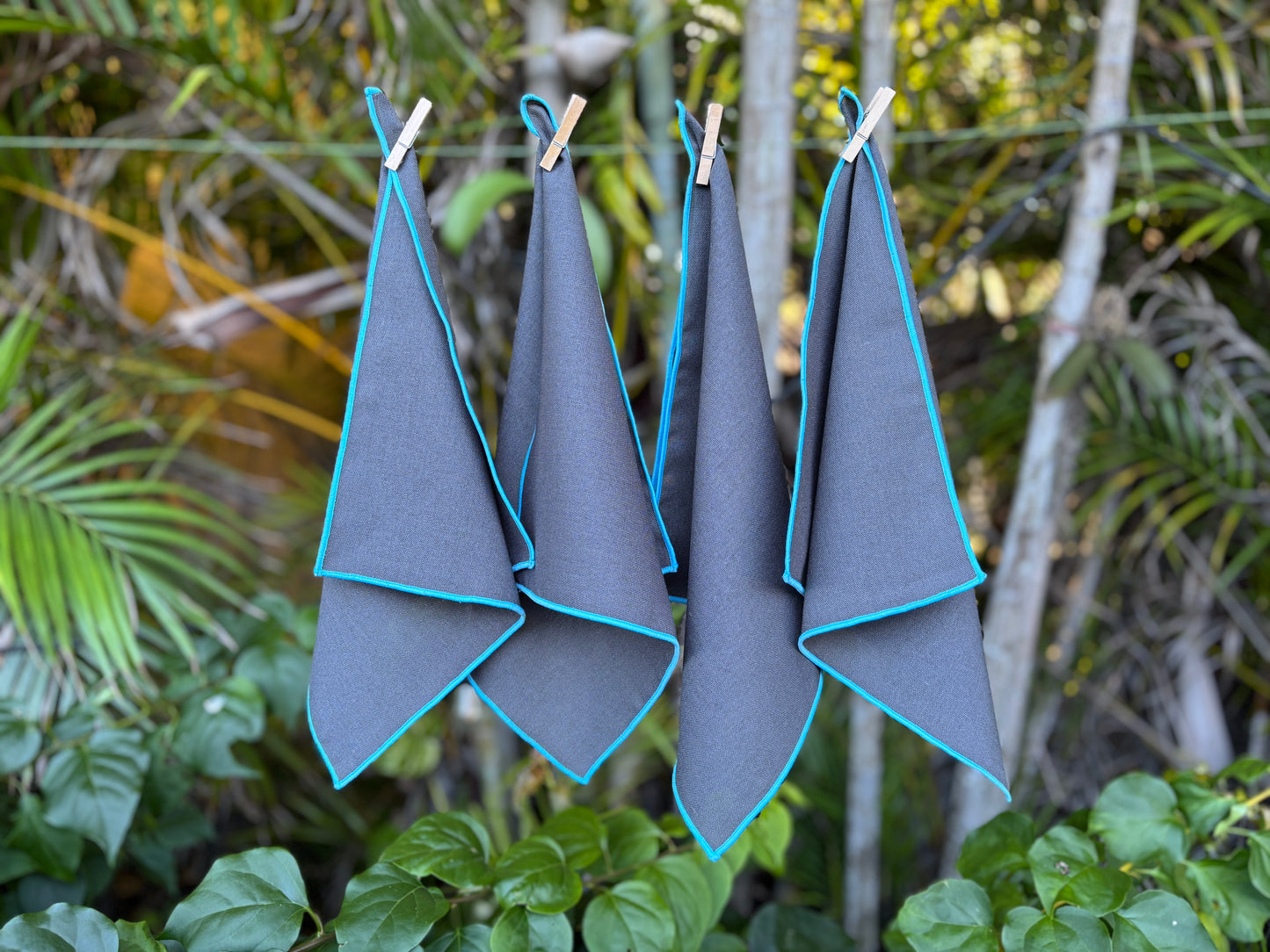 Cotton Linen Cocktail Napkins - Charcoal Gray with Blue Trim (Set of 4)