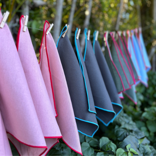 Cotton Linen Cocktail Napkins - Khaki with Pink Trim (Set of 4)