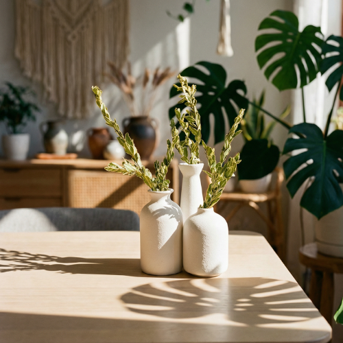 Set of three minimalist ceramic bud vases in white with fresh flowers — Trio de petits vases en céramique minimalistes blancs avec fleurs fraîches, Reyca