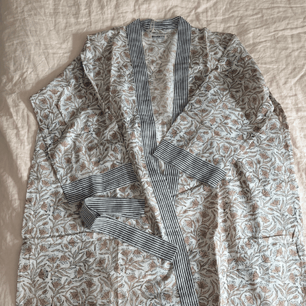 Block-Print Kimono-Style Robe – Cream Floral