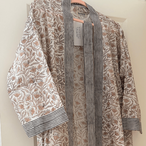 Block-Print Kimono-Style Robe – Cream Floral