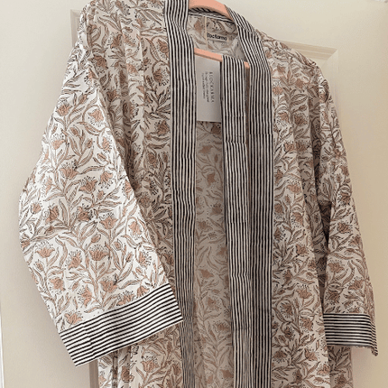Block-Print Kimono-Style Robe – Cream Floral