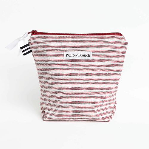 Pochette zippée rayée rouge et blanc faite main 