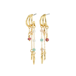 Gold-plated triple hoop drop earrings with glass bead charms in lilac, blush and mint on white background — Reyca / Boucles d'oreilles triple anneau doré avec charms en perles de verre lilas, rose et menthe sur fond blanc — Reyca