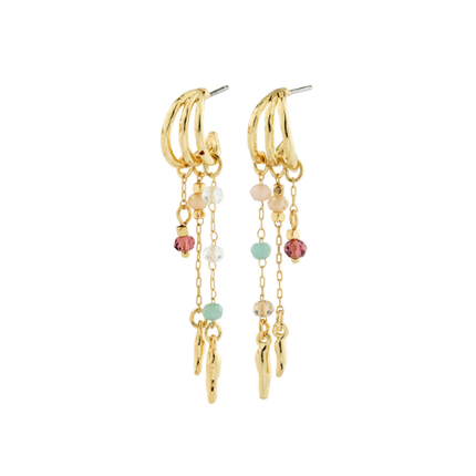 Gold-plated triple hoop drop earrings with glass bead charms in lilac, blush and mint on white background — Reyca / Boucles d'oreilles triple anneau doré avec charms en perles de verre lilas, rose et menthe sur fond blanc — Reyca