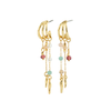 Gold-plated triple hoop drop earrings with glass bead charms in lilac, blush and mint on white background — Reyca / Boucles d'oreilles triple anneau doré avec charms en perles de verre lilas, rose et menthe sur fond blanc — Reyca