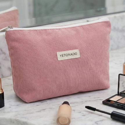 Trousse de maquillage en velours côtelé rose