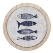 Round felt and wood coaster with four navy blue fish, natural wood border / Sous-verre rond en feutre et bois avec quatre poissons bleu marine, bordure en bois naturel