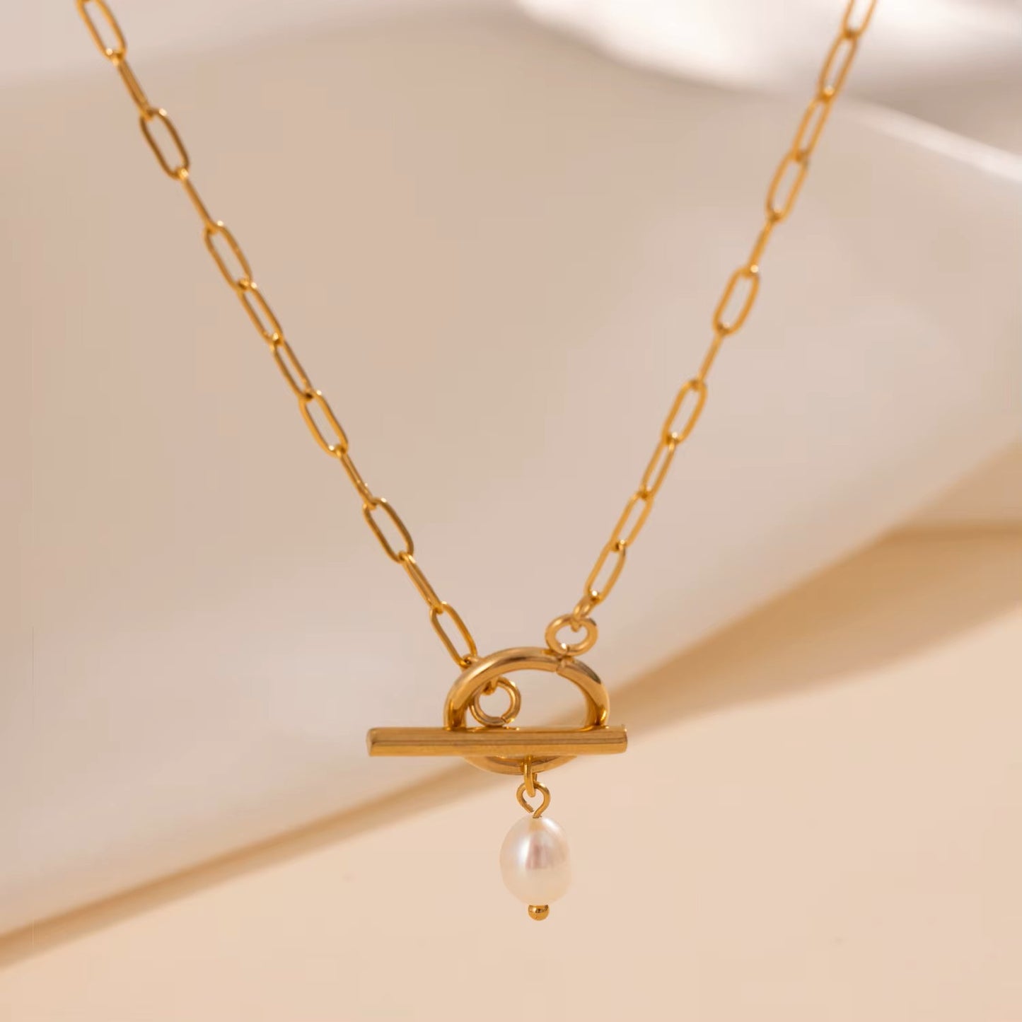 Minimalist Freshwater Pearl Necklace - Gold Paperclip Chain