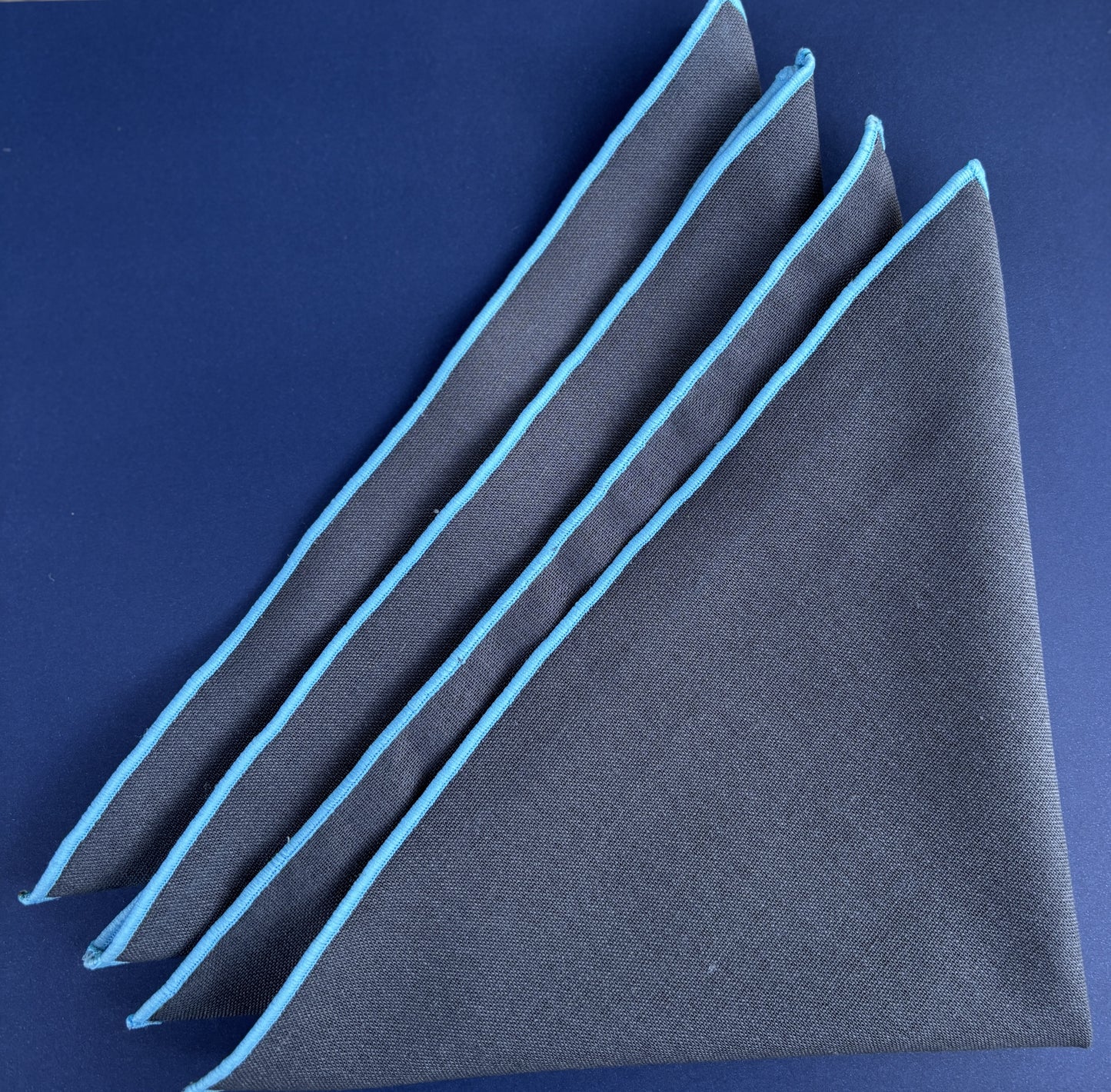 Cotton Linen Cocktail Napkins - Charcoal Gray with Blue Trim (Set of 4)