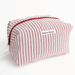 Handmade red and white striped boxy makeup bag with red zipper, Montreal artisan Willow Branch / Trousse boxy rayée rouge et blanc avec fermeture éclair rouge, artisane montréalaise Willow Branch