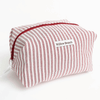 Handmade red and white striped boxy makeup bag with red zipper, Montreal artisan Willow Branch / Trousse boxy rayée rouge et blanc avec fermeture éclair rouge, artisane montréalaise Willow Branch