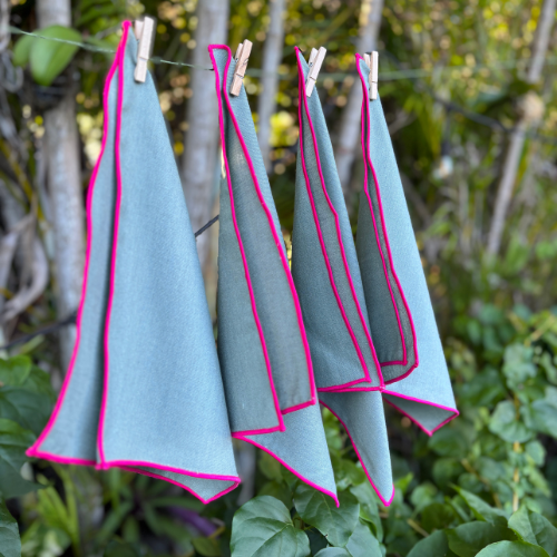 Cotton Linen Cocktail Napkins - Khaki with Pink Trim (Set of 4)