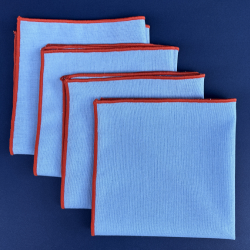 Cotton Linen Cocktail Napkins - Light Blue with Orange Trim (Set of 4)