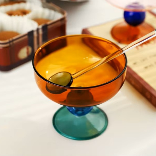 Hand-blown Glass Dessert Bowl - Amber, Purple & Green