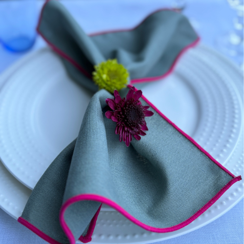 Cotton Linen Cocktail Napkins - Khaki with Pink Trim (Set of 4)