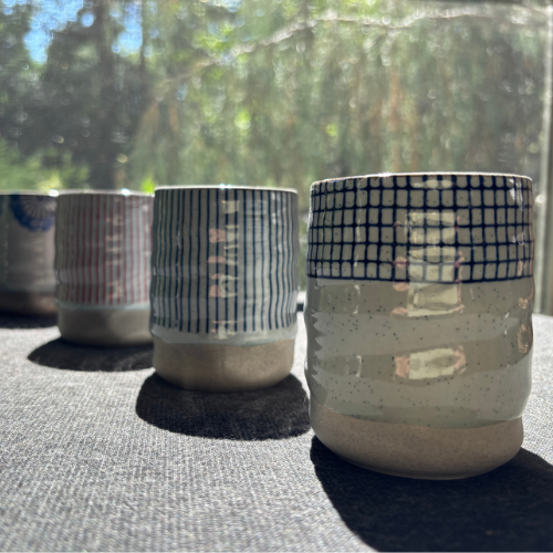 Japanese-Style Ceramic Mug - Blue Grid