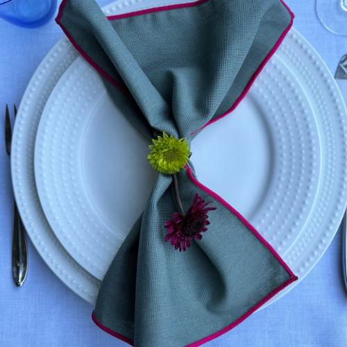 Cotton Linen Cocktail Napkins - Khaki with Pink Trim (Set of 4)