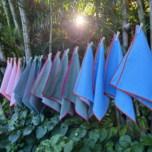 Cotton Linen Cocktail Napkins - Khaki with Pink Trim (Set of 4)