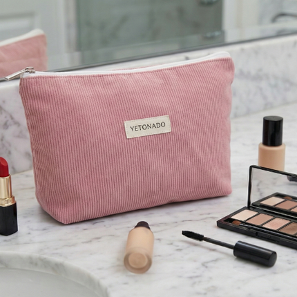 Trousse de maquillage en velours côtelé rose