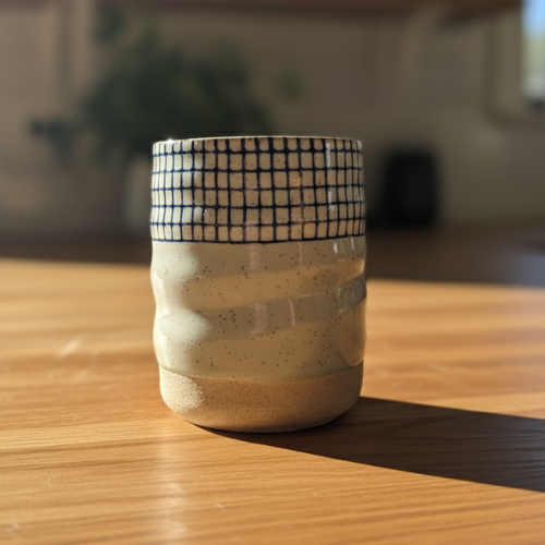 Japanese-Style Ceramic Mug - Blue Grid
