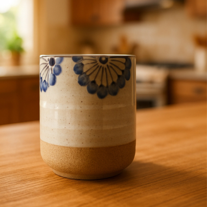 Mugs japonais en céramique  - Motif floral bleu (Ensemble de 2 ou 4) 