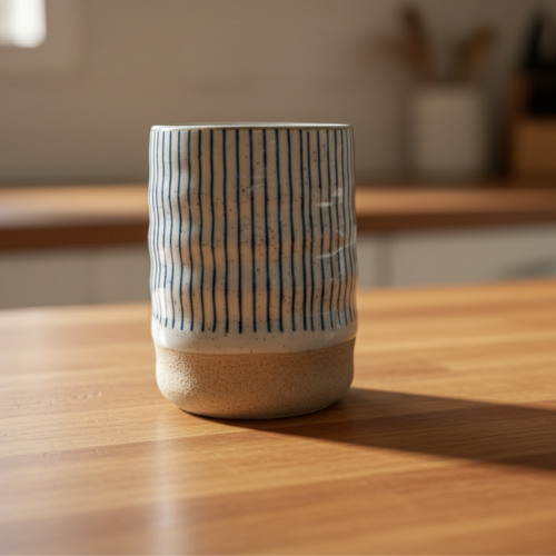 Japanese-Style Ceramic Mug - Blue Stripes