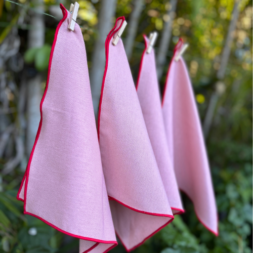 Cotton Linen Cocktail Napkins - Pink with Red Trim (Set of 4)