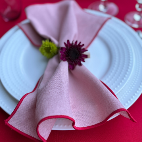 Cotton Linen Cocktail Napkins - Pink with Red Trim (Set of 4)