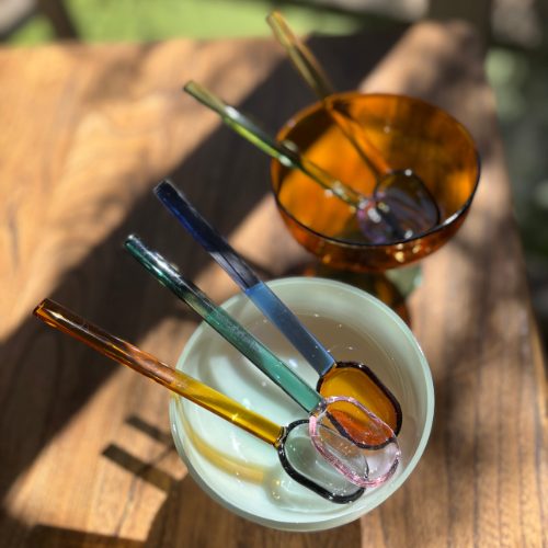 Hand-blown Glass Dessert Bowl - Amber, Purple & Green