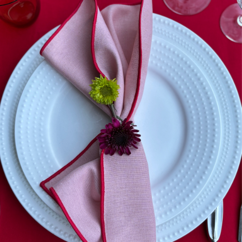Cotton Linen Cocktail Napkins - Pink with Red Trim (Set of 4)