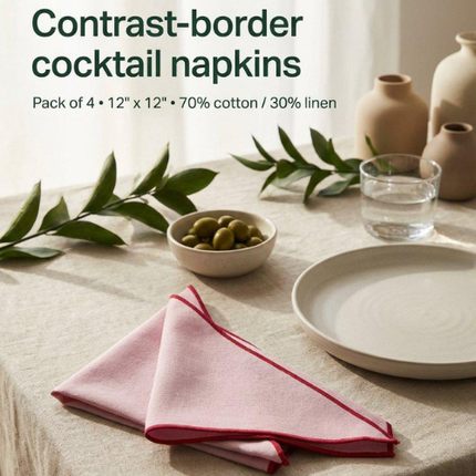 Serviettes de cocktail en coton et lin - Roses avec bordure rouge (Lot de 4) 