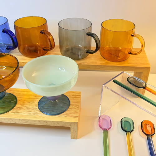 Hand-blown Glass Dessert Bowl - Amber, Purple & Green