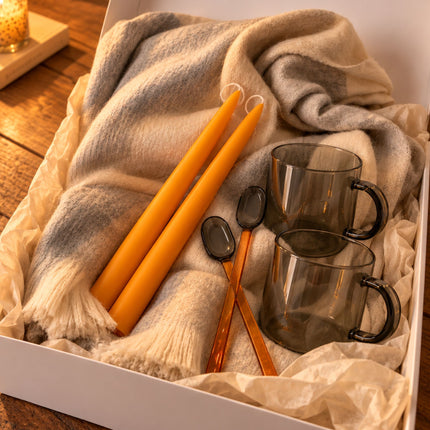 Cozy Night In Gift Box – Alpaca Throw, Glass Mugs, Spoons & Taper Candles