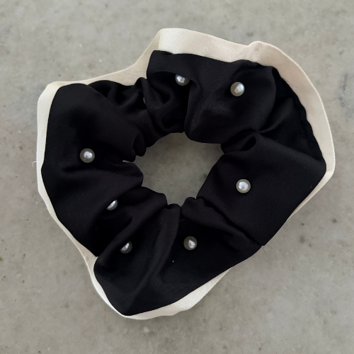 Pearl Satin Scrunchie - Black
