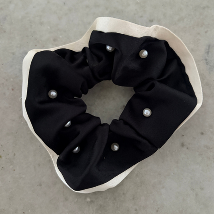 Pearl Satin Scrunchie - Black