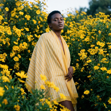 Yellow cotton block print sarong scarf lightweight beach wrap / Sarong foulard en coton jaune imprimé bloc léger pour la plage