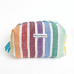 Handmade rainbow stripe boxy zipper pouch with turquoise ribbon pull, Montreal artisan Willow Branch / Pochette boxy zippée rayures arc-en-ciel avec tirette turquoise, artisane montréalaise Willow Branch